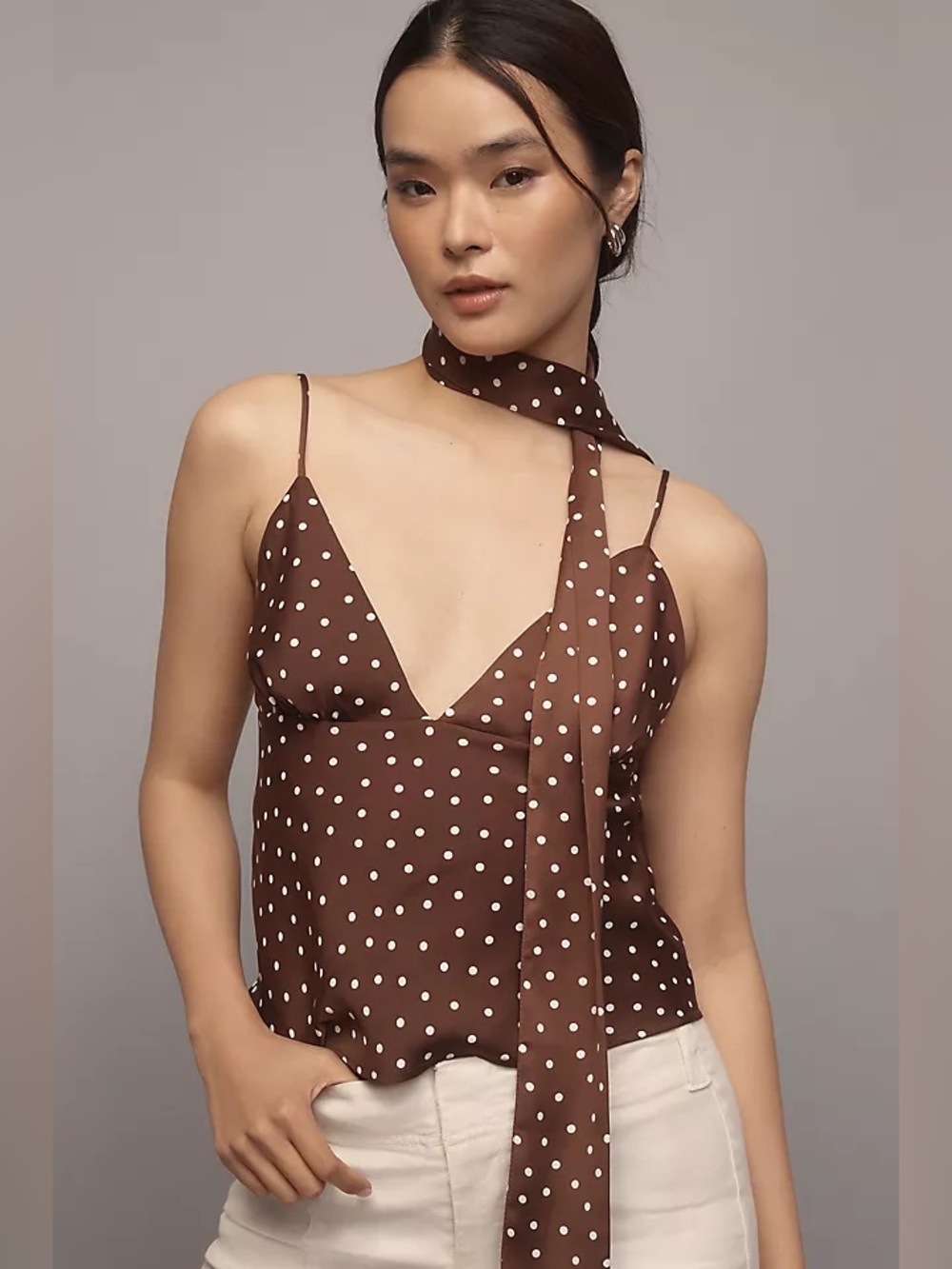 Brown Polka Dot Satin Cami Top